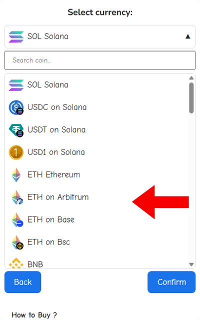 Select the coin or token to buy with .